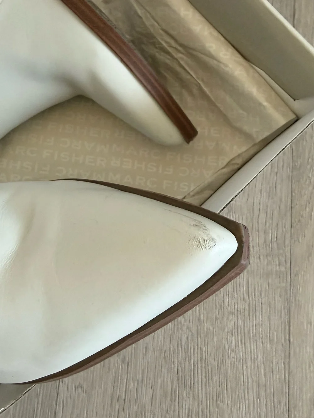 Marc Fisher Cream Leather Ankle Booties with Wood Block Heel